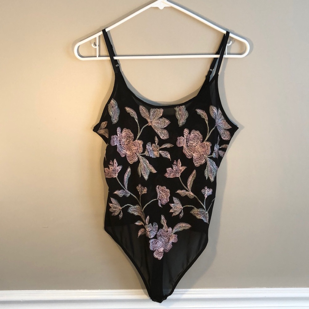 Black see-through with flower stitching bodysuit
